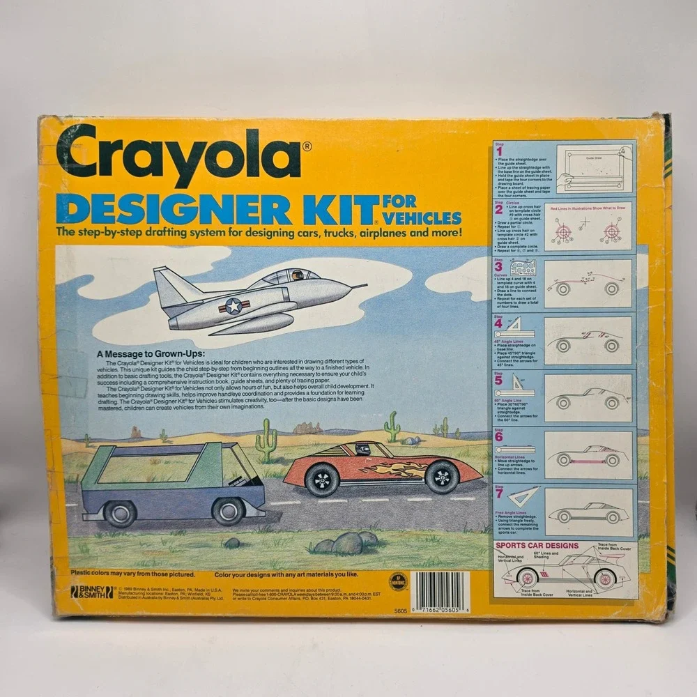 Crayola Designer Kit Vehicles Kids Yellow Vintage 1989 Drafting‎ Set Retro Toy
